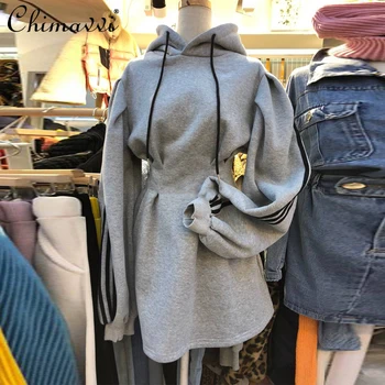 Kadın Bel Zayıflama Kapüşonlu Elbise 2021 Sonbahar Kore Tarzı Rahat Kazak Elbise Kadın Yüksek Bel Uzun Kollu Elbise