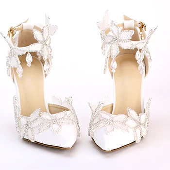 Kadın Düğün Ayakkabı Yaz 9 cm Yüksek Topuklu Kristal Beyaz Dantel Pompaları Sivri Burun Bayanlar Ayakkabı Ayak Bileği Kayışı Sandalet Kadın Ayakkabı