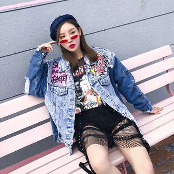 Kadın Harfler Graffiti Harajuku Kot Ceket 2019 Sonbahar Soyut Desen Ripped Delik Jean Ceket Kadın Bombacı Gevşek Rahat PJ516