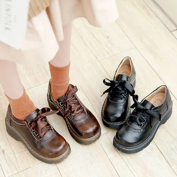 Kadın Oxford Ayakkabı Düz rahat ayakkabılar Vintage Cosplay Öğrencileri Üniforma Ayakkabı Ilmek Dantel Up Deri Ayakkabı zapatos mujer