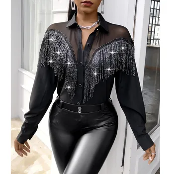 Kadın Patchwork Yaka Düğmesi Gömlek Moda Uzun Kollu Siyah Bluz Zarif Ofis Pullu Parlak Püskül Streetwear Casual Bluse