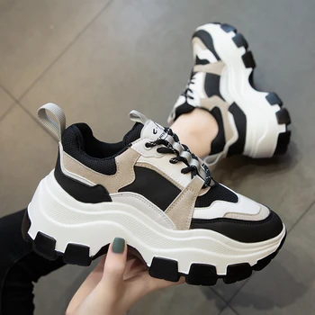 Kadın Tıknaz Sneakers Vulkanize Ayakkabı Kore Moda Yeni Kadın Siyah Beyaz Platformu Kalın Taban Koşu Rahat Ayakkabı Kadın 7 cm