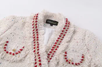 Kadınlar Yüksek kaliteli tasarımcı beyaz püsküller ceket 2021 Sonbahar/Kış OL zarif V Yaka tüvit ceketler A769