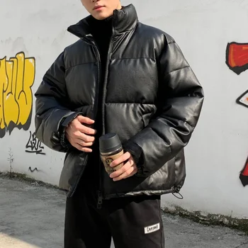 Kalınlaşmak Katı Renk Erkek Parkas Boy Sıcak Kış Deri Mont Harajuku Moda Gevşek Pamuk Yastıklı Ceketler
