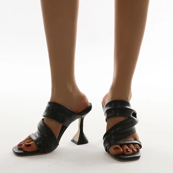 Kare Ayak Wineglass Topuk kadın Terlik Parlak Altın Hollow Yüksek Topuklar Açık Toes Yumuşak Deri kadın Ayakkabı Rahat Sandalet