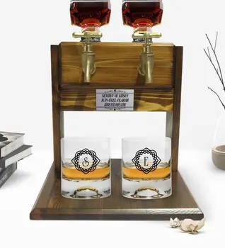 Kişiselleştirilmiş Renkli Baskılı Çift Viski Bardağı ve Çift Musluk Doğal Ahşap Viski Standıdır-19