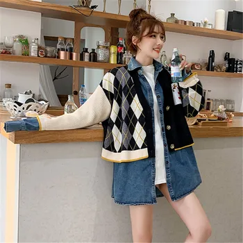 Kore tarzı Kot Ceket Kadın Örgü Eklenmiş Uzun kollu Kot Ceket Sonbahar Yeni Moda Gevşek Kot Ceket Rahat Giyim