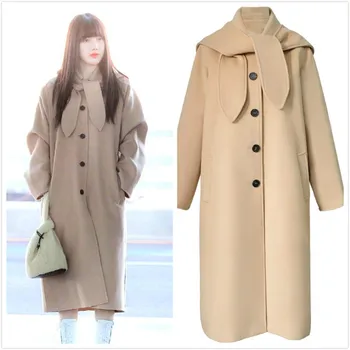 Kpop Kore Ünlü Streetwear Yeni Yün Ceket Rüzgarlık kadın Zarif Uzun Kollu Siper Bayanlar Kış sıcak Gevşek Ceket