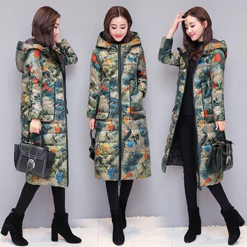 Kış Aşağı Ceket Kadın Uzun uzun kaban Kadın Baskı Kapşonlu Kalın Sıcak Giysiler kışlık ceketler Artı Boyutu Mont LWL1050