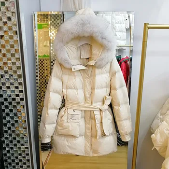 Kış Büyük Gerçek Rakun Kürk Kapşonlu Uzun Parkas Kadın 90 % Ördek uzun kaban kadın Sıcak Ceket Kar Dış Giyim Su Geçirmez
