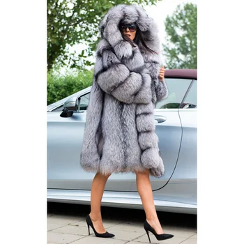 Kış Moda Gerçek Gümüş Tilki Kürk kapüşonlu ceket Kalın Sıcak Lüks Kürk Paltolar Kadın 2021 Yeni 100 cm Uzun Hakiki Tilki Kürk Ceket