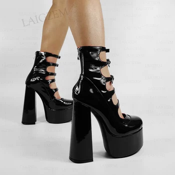 LAIGZEM Kadın Pompaları Yuvarlak Ayak Geri Zip Platformu Kalın Topuklu Sandalet Parti Dans Cosplay Bayanlar Ayakkabı Büyük Boy 38 40 45 47