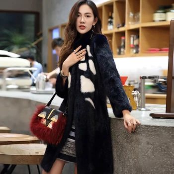 LVCHI 2019 High-end bayan mont En çok satan Gerçek Vizon kürk Kış kürk Mandarin yaka Ceket Moda Siyah OL Ince Vizon Dış Giyim