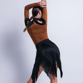 Latin Dans Kostümleri Kadınlar İçin Uzun Kollu Üstleri Profesyonel Rumba Dans Yarışması Elbise Tango / Cha Cha Dans Tulum VO161