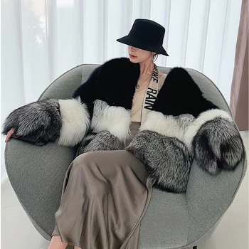 Lüks Kadın Doğal Tilki Kürk Ceket Yuvarlak Yaka Moda Renk Patchwork Hakiki Tilki Kürk Palto Kadın Kalın Sıcak Kürk Paltolar