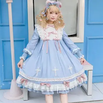 MAGOGO Çapraz Lolita Elbise Kız Kostüm Pembe Mavi Yumuşak Sisters Uzun Kollu Parti Op Tatlı Sevimli Elbise Yeni Sıcak