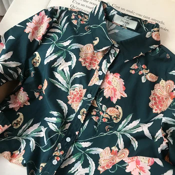 Maxi Çiçekler Baskılı Bluz Sonbahar Klasik Yaka Düğmeleri Up Chemise à manches longues Zarif Vintage Kadın Gömlek Tops