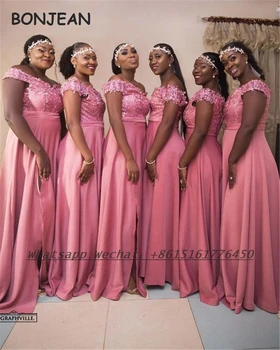 Mercan Gelinlik Modelleri Bir Çizgi V Boyun Bölünmüş Kat Uzunluk Elastik Saten Afrika nedime elbisesi Artı Boyutu Kadınlar ıçin Düğün