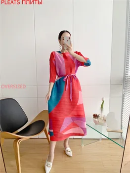 Miyake Kıvrımlar Sonbahar Yeni Kadın Baskı Üç çeyrek Kollu Kemer Mizaç Elbise PLEATS Zarif Robe Femme Vetement Ropa Muje