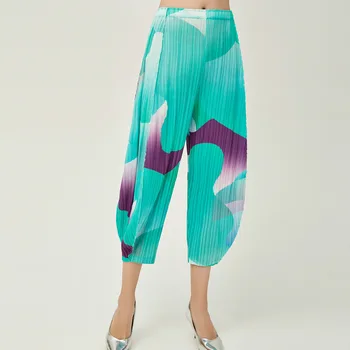 Miyake pilili yüksek belli baskı kırpılmış kadın pantolon 2021 sonbahar hit renk ınce temel gevşek harem pantolon kadın için