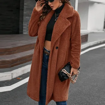 Mizaç ve moda banliyö tek göğüslü orta uzunlukta peluş rüzgarlık ceket kadın gevşek yaka kuzu kürk ceket kadın