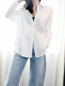 Moda %100 pamuk büyük boy tek cep uzun kollu bluzlar Bayan üstleri orta uzunlukta beyaz gömlek