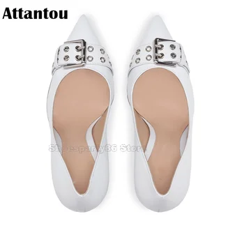 Moda sivri burun beyaz deri toka tasarımcı yüksek topuk ayakkabı kadın rahat topuklu artı boyutu 43