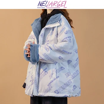 NELLARGEL Kadın Iki Taraf Mektup kışlık ceketler 2021 Kadın Japon Streetwear Pamuk Parkas Kız Kpop Vintage Harajuku Dış Giyim