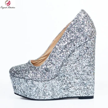 Orijinal Niyeti Kadın Pompaları Moda Glitter Platformu Yuvarlak Ayak Takozlar Pompaları Yüksek Kaliteli Gümüş Ayakkabı Kadın Artı ABD Boyutu 4-15