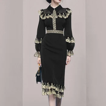 Orta Buzağı Elbiseler Kadın Vintage Patchwork Nakış Lüks Sonbahar Dantel Zanaat Fener Uzun Kollu Abiye Turn - Aşağı Yaka