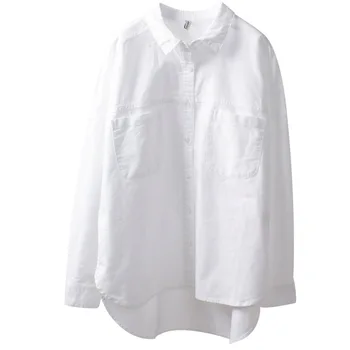 Pamuk Kadın Beyaz Gömlek Yaz Yeni 2021 Gevşek Turn-Aşağı Yaka Cep Rahat Tüm Maç Lady Dış Giyim Palto Tops