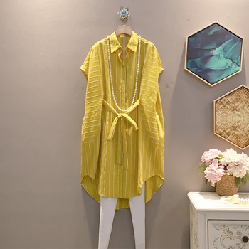 Pamuk Keten Çizgili Sarı Kadın Gömlek Yaz Vintage 2021 Uzun Bandaj Gevşek Düz Dış Giyim Tops