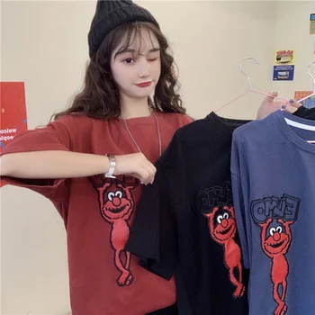 Pamuk T Shirt Kadın 2021 Yeni Yaz Kısa Kollu Kore Tişörtleri Rahat Artı Boyutu Harajuku Tees Streetwear Mahsul Tops 014