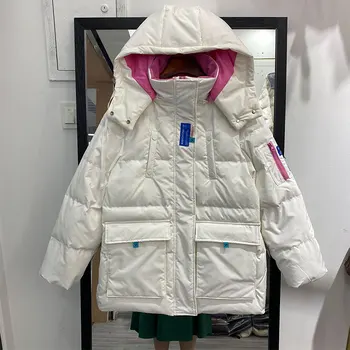 Parkas Kış Yeni Aşağı Ceket Kadın 2021 Kapşonlu Orta Uzunlukta Kalın Ceket Gevşek Takım 90 Beyaz Ördek Kirpi Sıcak Dış Giyim Kadın