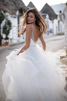 Plaj Boho Gelinlik Katmanlı Backless Gelin Elbise Boncuklu Prenses Düğün Törenlerinde Artı Boyutu gelin Kıyafeti