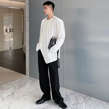 SYUHGFA Düzensiz Örtüşen Hem Yuvarlak Boyun Örme erkek Uzun Kollu T-shirt Kore Moda Kazak Tops Japonya Tarzı Giyim
