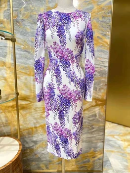 Seasixiang Moda Tasarımcısı Yaz Kalem Elbise Kadın O-Boyun Uzun Kollu Çiçek Baskı Zarif Parti Midi Elbiseler