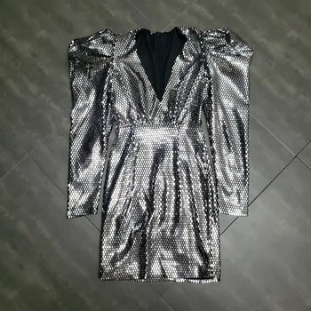 Seksi Derin V Kulübü Lüks Gri Kadınlar Gümüş Puf Kollu kalem elbiseler Fermuar Yüksek Bel Kadın Pullu Parti Elbise 2019 Vestidos