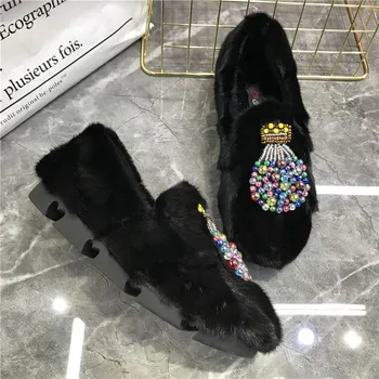 Sevimli Boncuklu Vizon Kürk Kadın Flats Casual Kalın Sole Moccasins Siyah Kış Sıcak Kar Ayakkabıları Kadın Kürk Espadrilles Creepers Loafer'lar