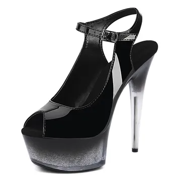 Siyah Kadın Platformu Seksi Sapanlar 15 cm Stilettos Yüksek Topuk Sandalet Gece Kulübü Sahne Modeli Gösterileri Dans Ayakkabıları
