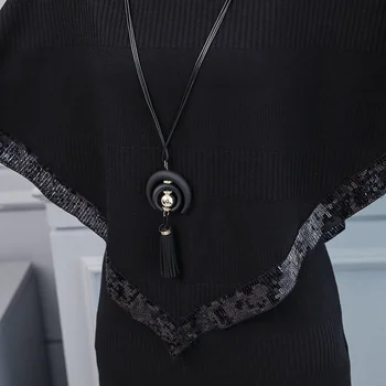 Siyah Pelerin Şal Iki parçalı Set Örme Elbise Kadın Pelerin Sonbahar Kış Moda Ince Elbise Femme Uzun Kollu Panço Takım Elbise Vestidos