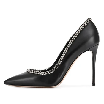 Siyah Sivri Burun Klasik Yüksek Topuklu Pompalar Ofis Ayakkabı Kadınlar ıçin Metal Zincir Zarif Bayanlar Şık Büyük Boy Topuklu Ayakkabı
