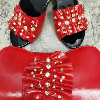 Son Moda Turuncu Renk Asil ve Zarif Bayanlar Ayakkabı ve Çanta Siyah Kalp Süslü-yapay Elmas Şekilli Set
