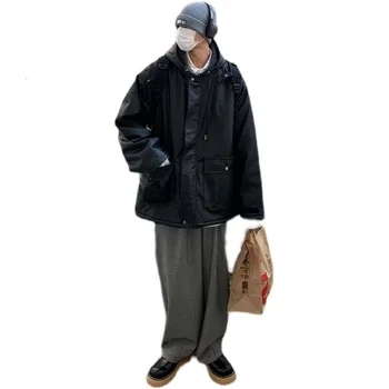 Sonbahar Kış Kapşonlu Erkekler Pamuk Ceket Moda Gevşek Ceket erkek Kore Rahat Kuzu Yün Ceket erkek Streetwear Kalın Kargo Ceket