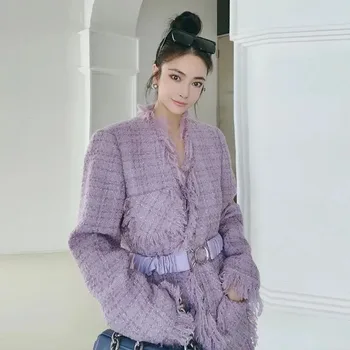 Sonbahar Kış Moda Mor Orta uzunlukta Küçük Koku Tarzı Tüvit Mont Bayan Ceketler Ince Yeni Ağır Sanayi Püskül Palto