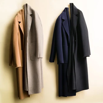 Sonbahar ve kış kadın çift taraflı kaşmir ceket orta uzunlukta cepler ile kalınlaşmış gevşek büyük boy yün ceket ceket ceket