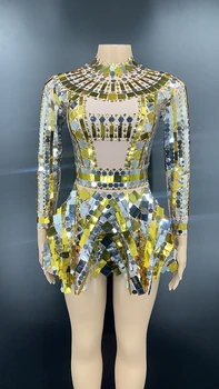 Sparkly Gümüş Altın Rhinestone Pullu Bodysuit Etek Doğum Günü Kutlamak Balo Kıyafeti Kadın Dansçı Elbise Sahne Giyim Seti