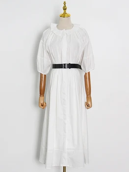 TWOTWINSTYLE Zarif Sashes kadın Elbise Yuvarlak Boyun Puf Kollu Yüksek Bel fırfır etekli Elbise Kadın Moda Yeni Giyim 2021