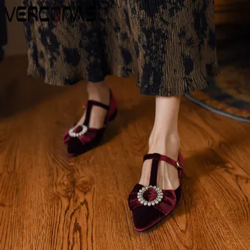 VERCONAS Yeni Vintage Kristal Dekorasyon Kadın 2022 Yaz Sonbahar Tatlı Temel Muhtasar Ofis Düğün Zarif moda ayakkabılar Kadın