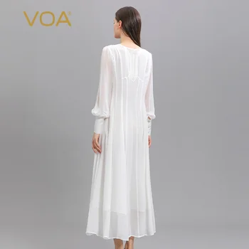 VOA Zarif Işlemeli Fişekleri O-Boyun Kadın Georgette Ipek Parti Elbise Sonbahar Ofis Bayanlar Uzun Kollu Beyaz Elbiseler AE1198